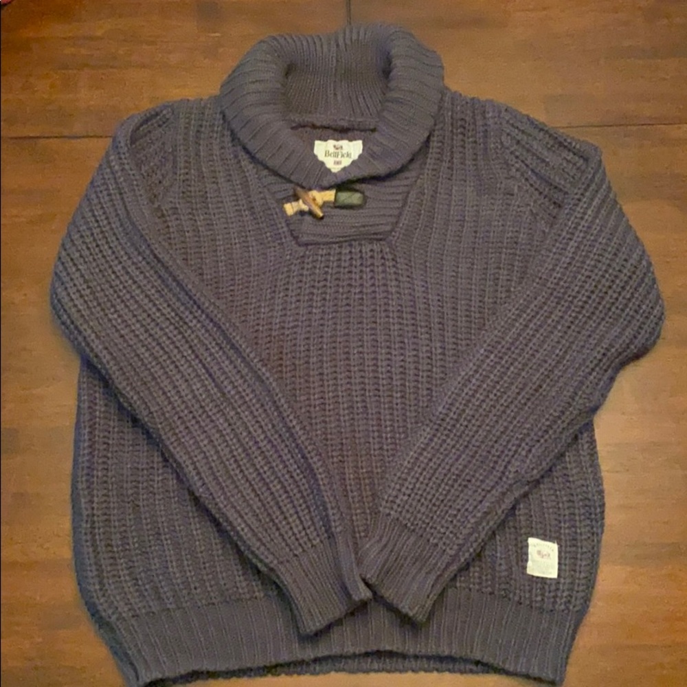 blue/gray Bellfield shawl collar sweater